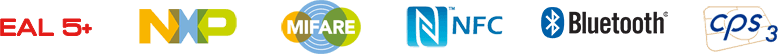 Logo of EAL5+, NXP, MIFARE, NFC, Bluetooth and CPS3